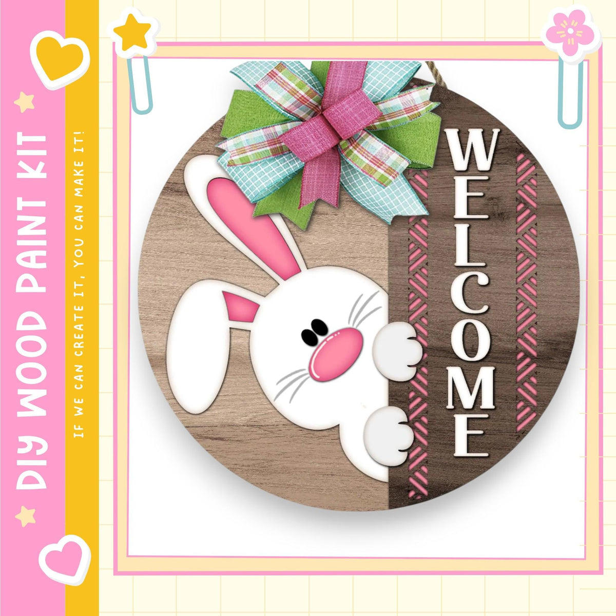 a wooden sign with a cartoon rabbit and the word "WELCOME" written on it.