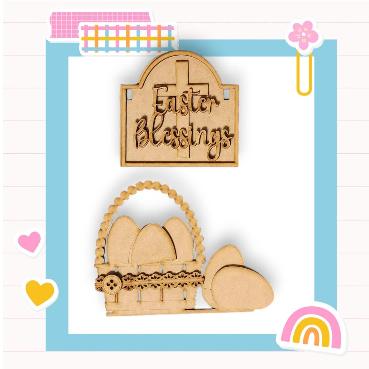 a wooden sign that says easter blessing and a basket of eggs