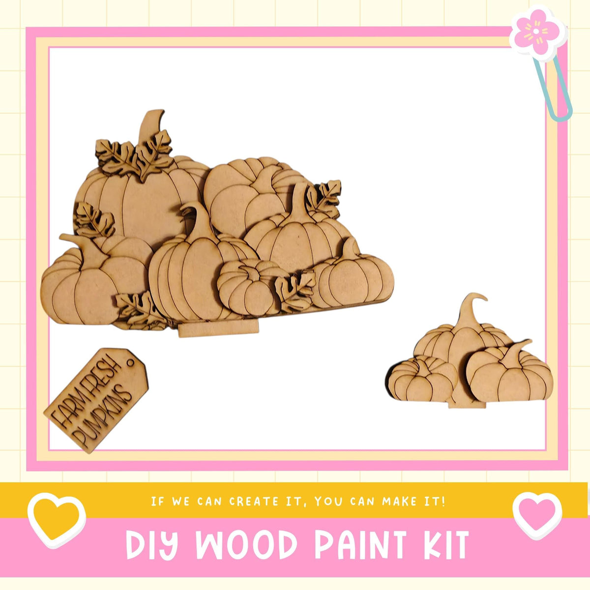 a DIY wood paint kit for creating wooden pumpkins, with a large wooden pumpkin and smaller wooden pumpkins displayed.