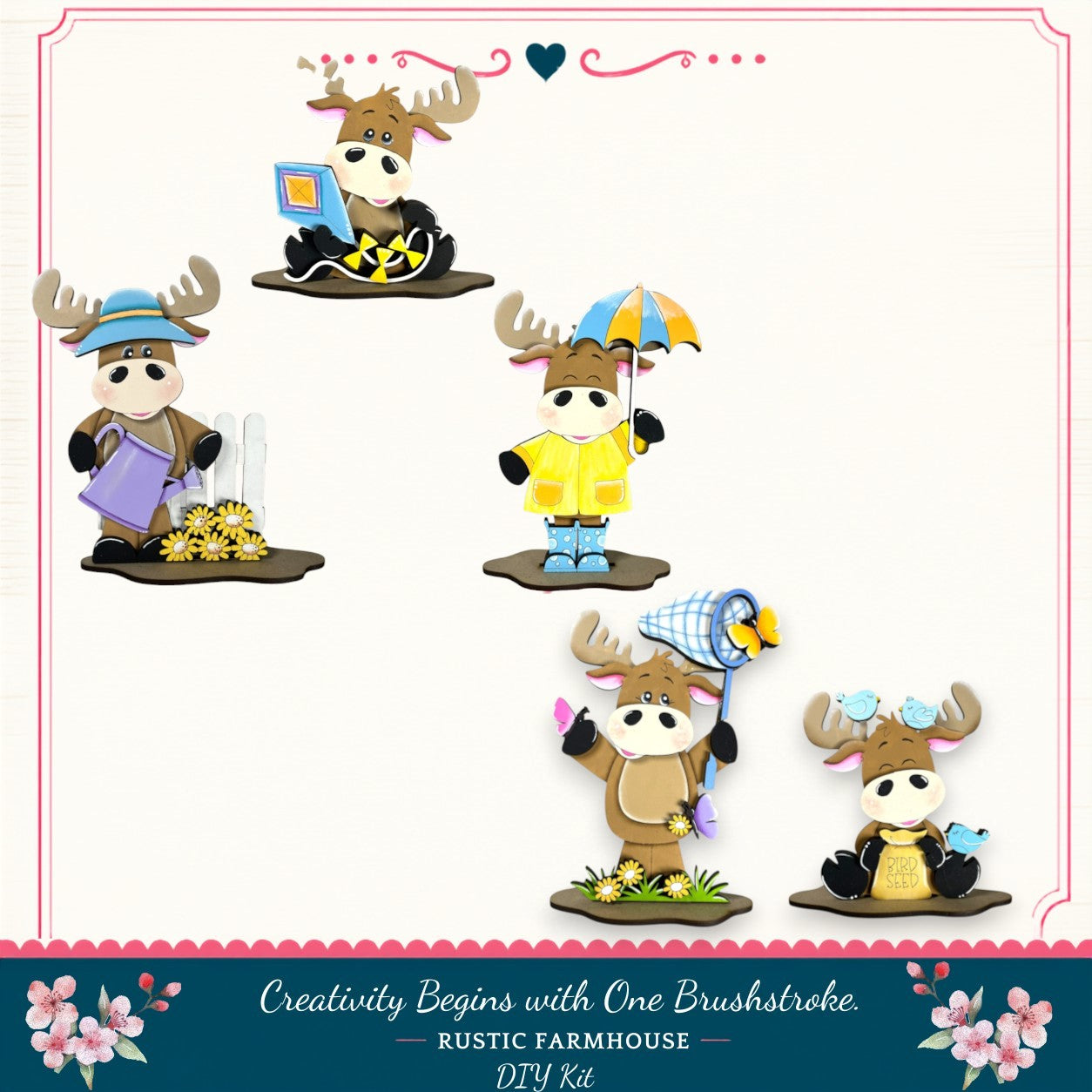 The image is a collage of four cartoon moose illustrations, each wearing different outfits and accessories, such as raincoats, hats, and umbrellas, set against a white background.