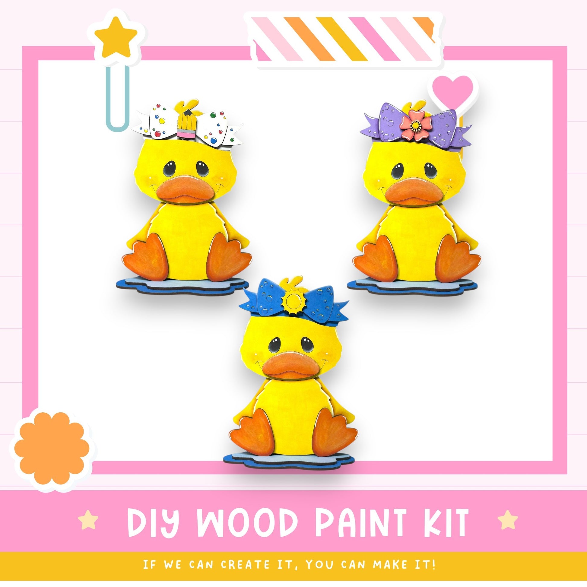 three cheerful yellow duck figures wearing colorful hats, arranged in a row against a pink background.