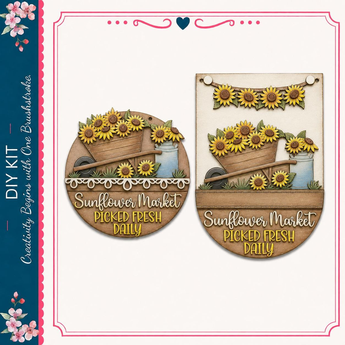 two wooden signs with a sunflower motif, one of which is a "Sunflower Market" sign. The signs are described as "DIY Kit" and "Pickled Daily", suggesting they are homemade or homemade products.