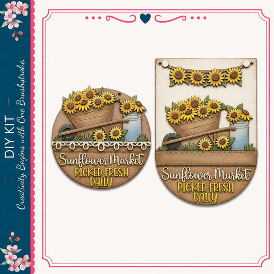 two wooden signs with a sunflower motif, one of which is a "Sunflower Market" sign. The signs are described as "DIY Kit" and "Pickled Daily", suggesting they are homemade or homemade products.