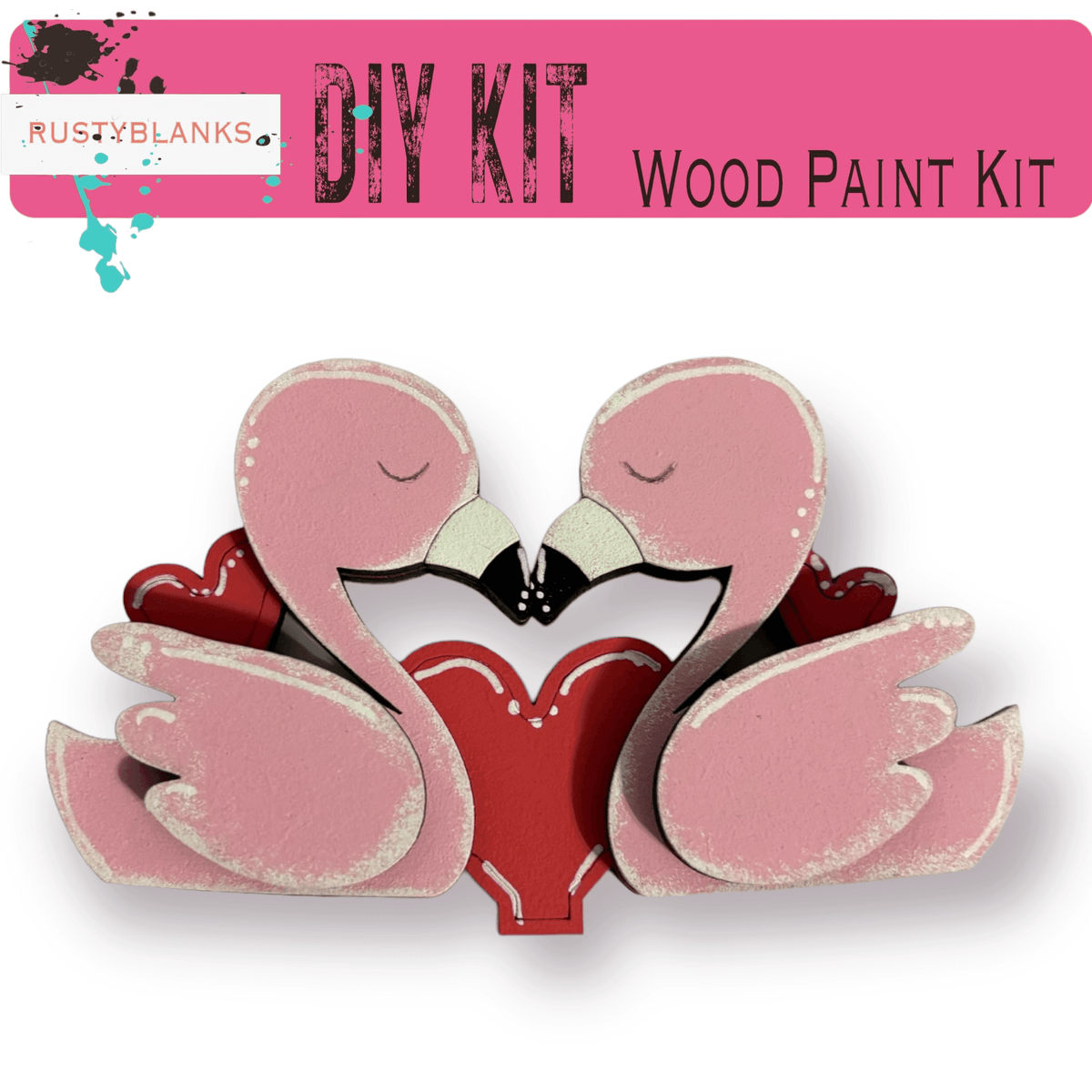 a pair of pink flamingos holding a red heart