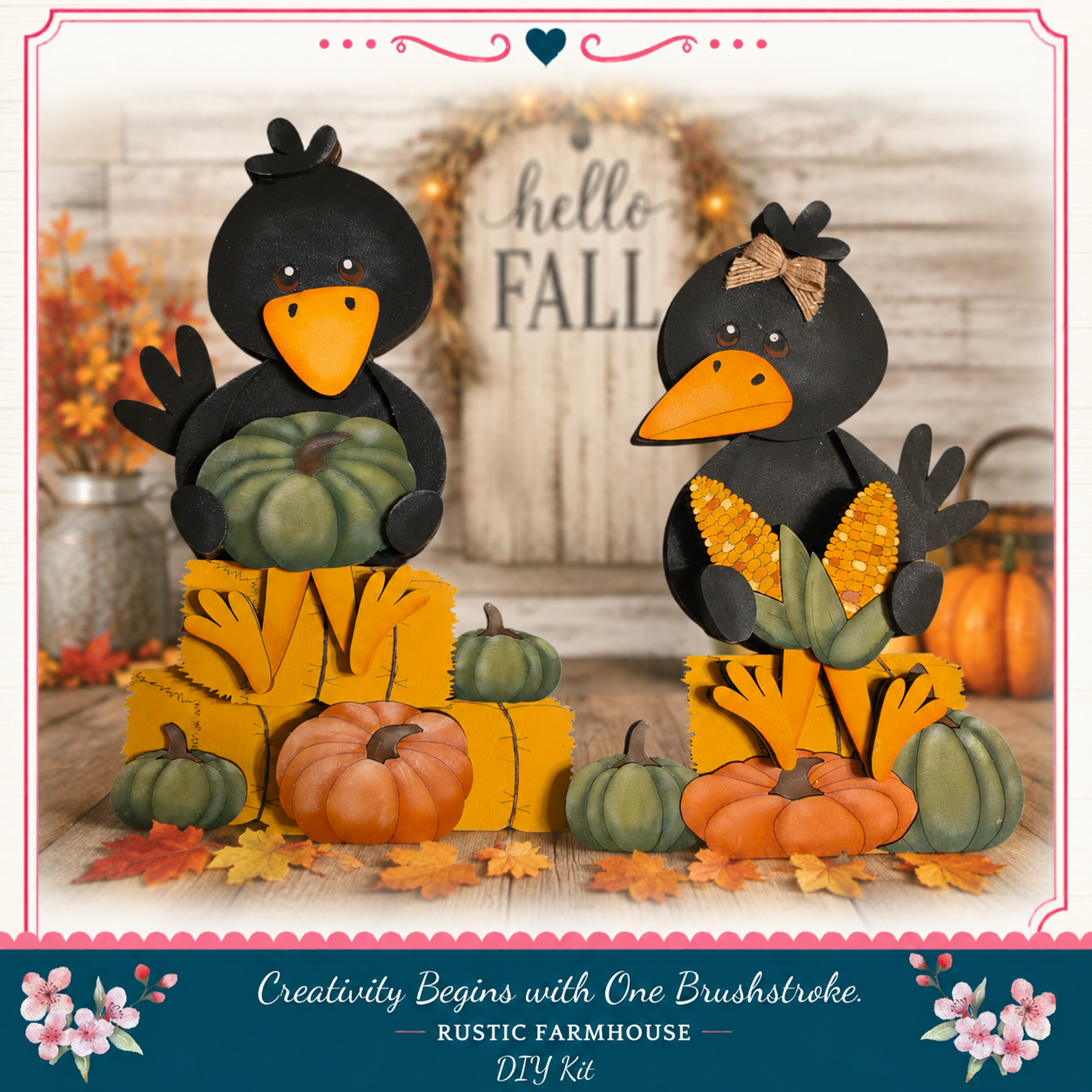 two black bird figurines holding green pumpkins and corn cobs, set against a rustic farmhouse backdrop with a "Hello Fall" sign.