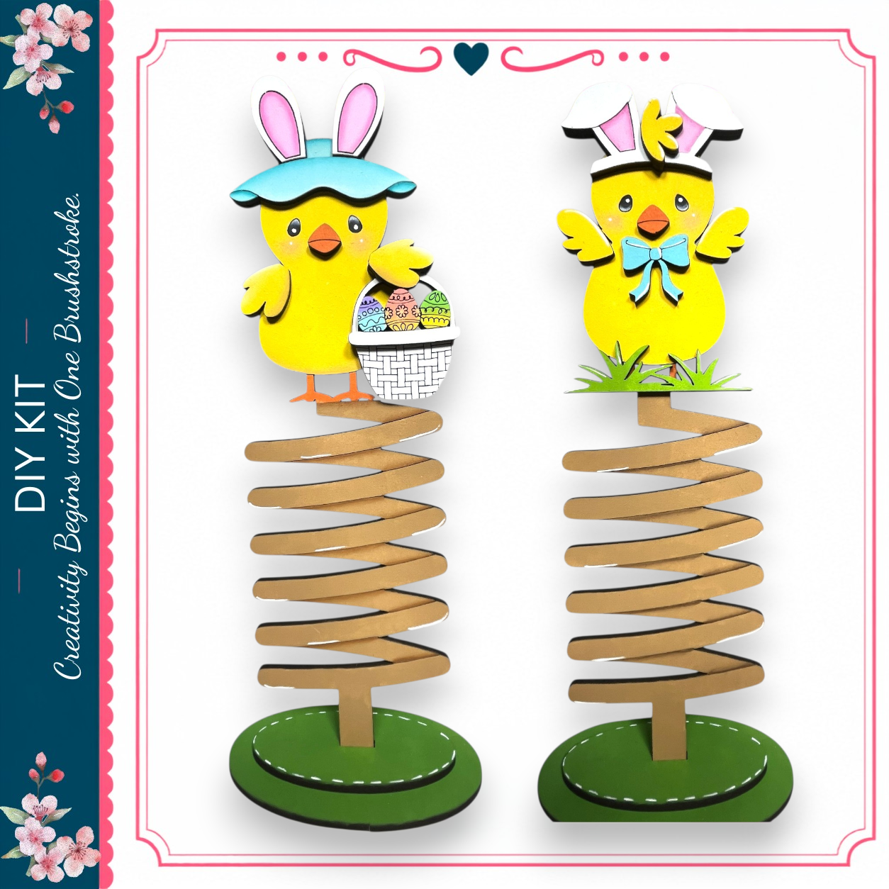 two yellow chicks on spring-like structures, one wearing a blue hat and the other a pink hat, both holding baskets.