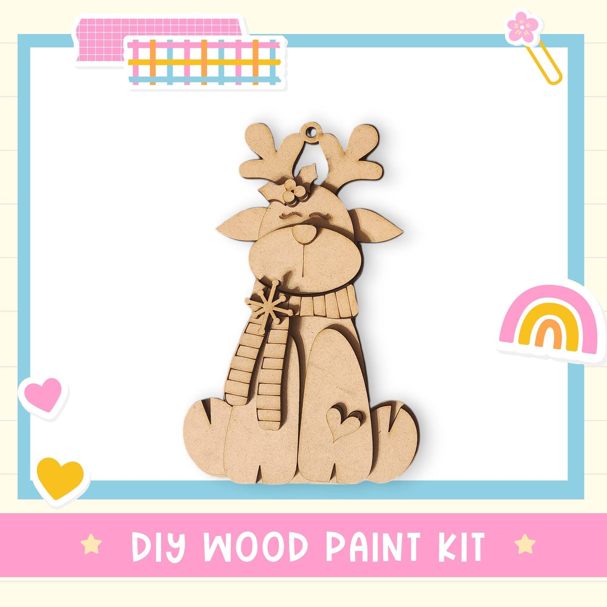 a DIY wood paint kit for creating a wooden ornament, including a cute reindeer-shaped ornament with antlers and a scarf.