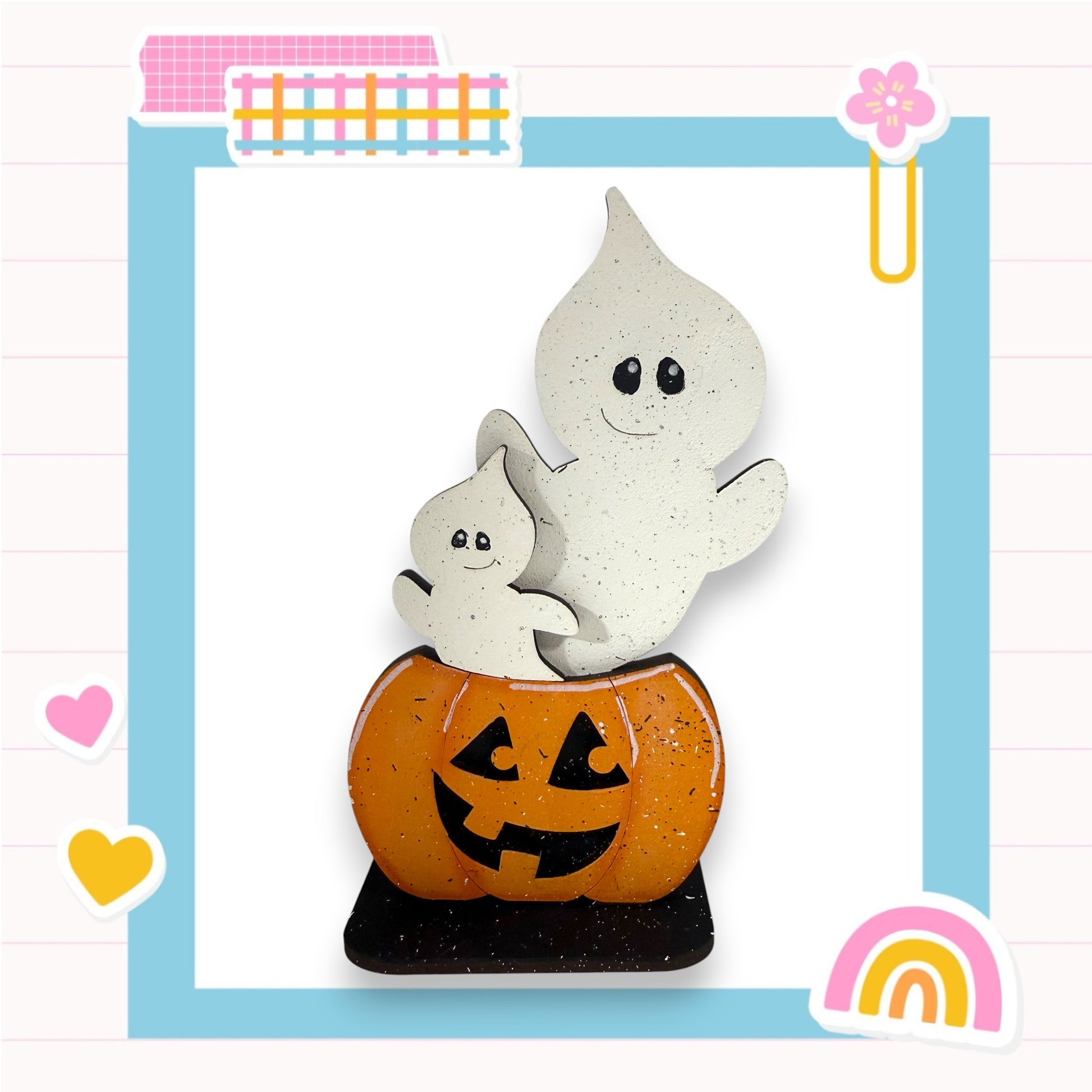 A Halloween-themed image featuring a carved pumpkin with a ghost figure sitting inside it, set against a blue background with various colorful and whimsical elements.