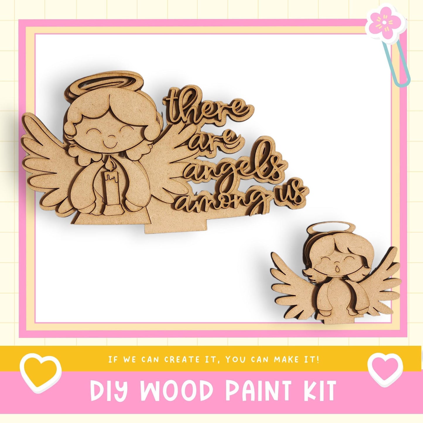 a DIY wood paint kit with a wooden angel and a wooden angel figurine. The kit includes a wooden angel and a wooden angel figurine, along with a wooden angel and a wooden angel figurine. The kit also includes a wooden angel and a wooden angel figurine. The kit is designed for people to create their own wooden angels.