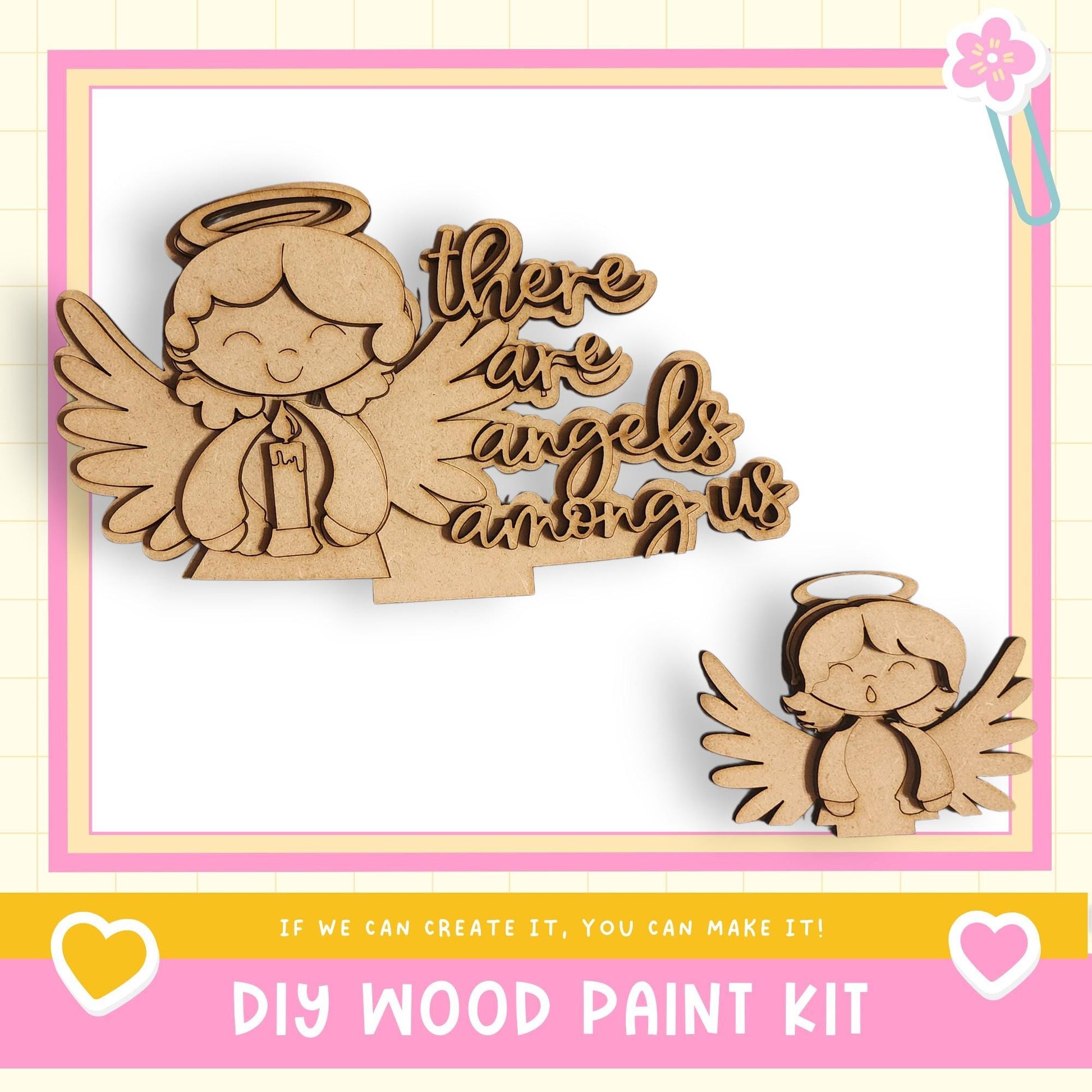 a DIY wood paint kit with a wooden angel and a wooden angel figurine. The kit includes a wooden angel and a wooden angel figurine, along with a wooden angel and a wooden angel figurine. The kit also includes a wooden angel and a wooden angel figurine. The kit is designed for people to create their own wooden angels.