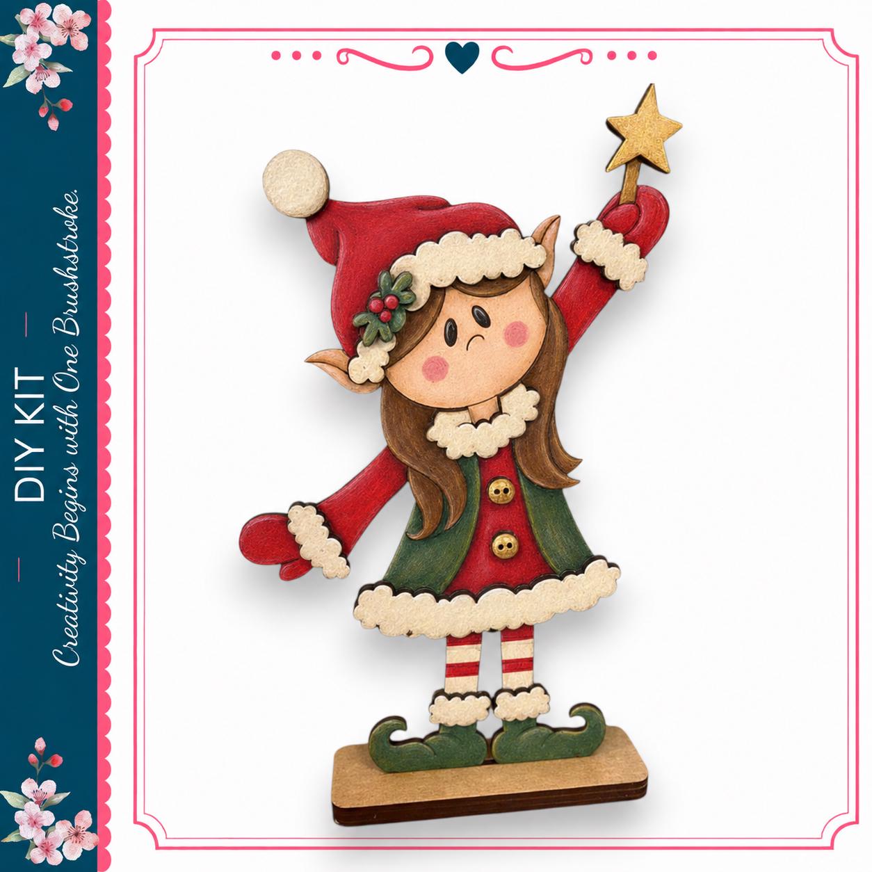 A wooden figurine of a young girl dressed as an elf, holding a star and standing on a wooden base.