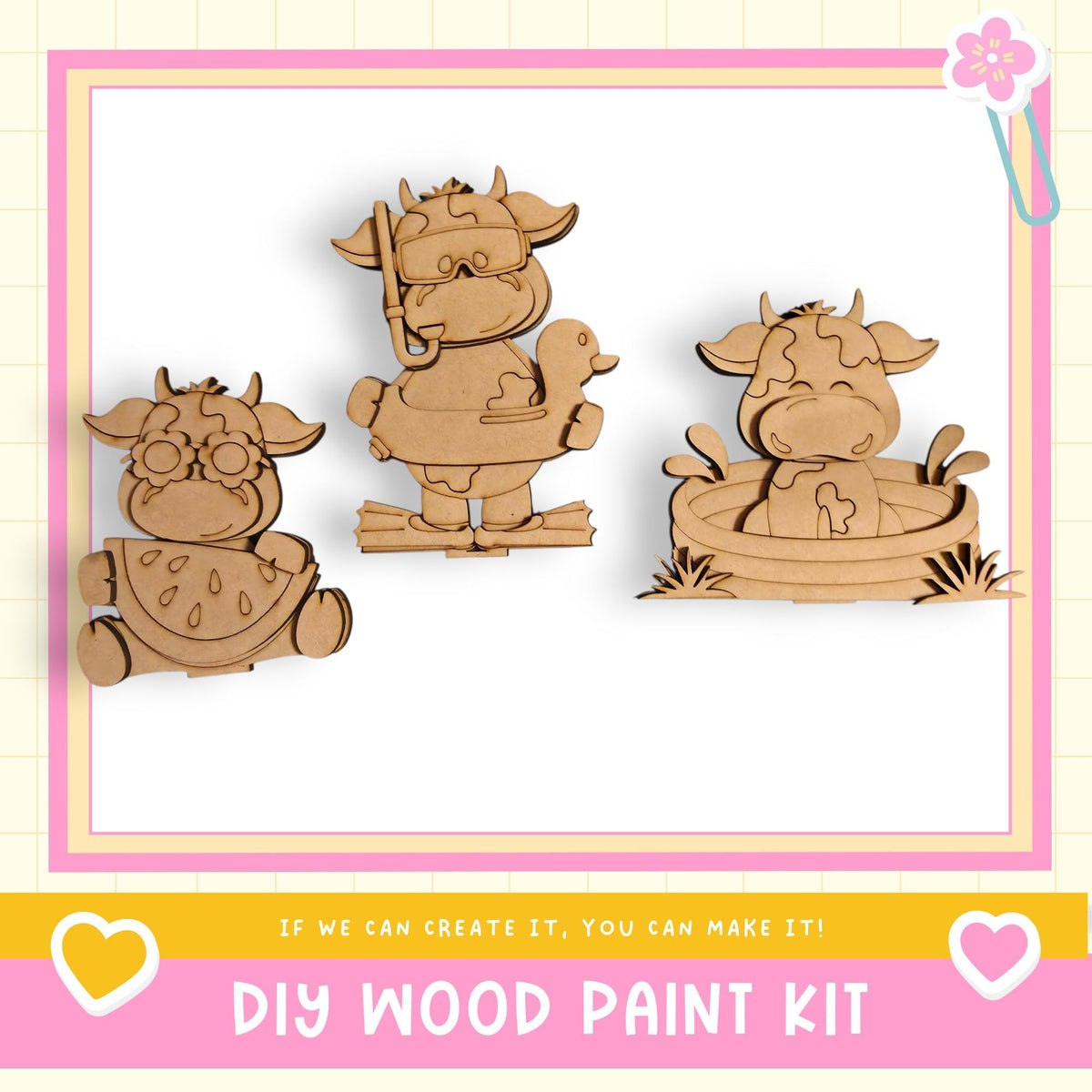 three wooden animal figures, including a cow, a duck, and a horse, arranged in a row. The text below the image reads "DIY WOOD PAINT KIT" and "If we can create it, you can make it!"