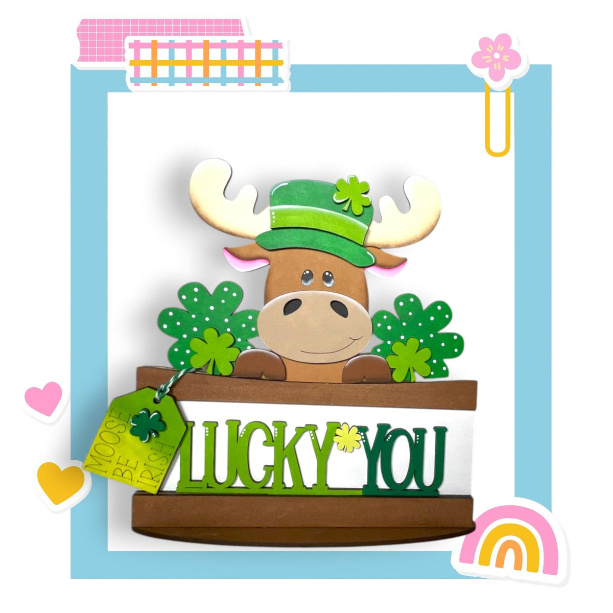 a st patrick's day card with a moose in a pot of clovers