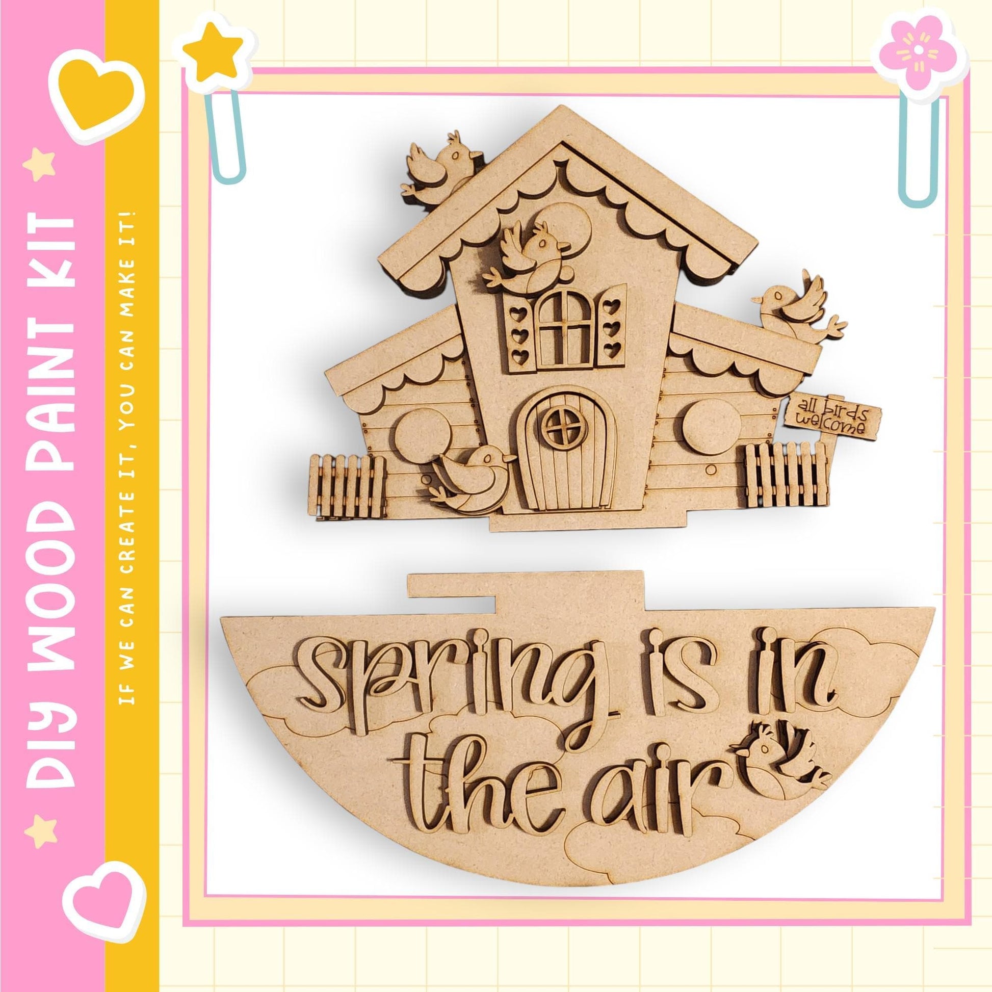 A wooden house with birds perched on it, and the text "Spring is in the air" is displayed below the house.