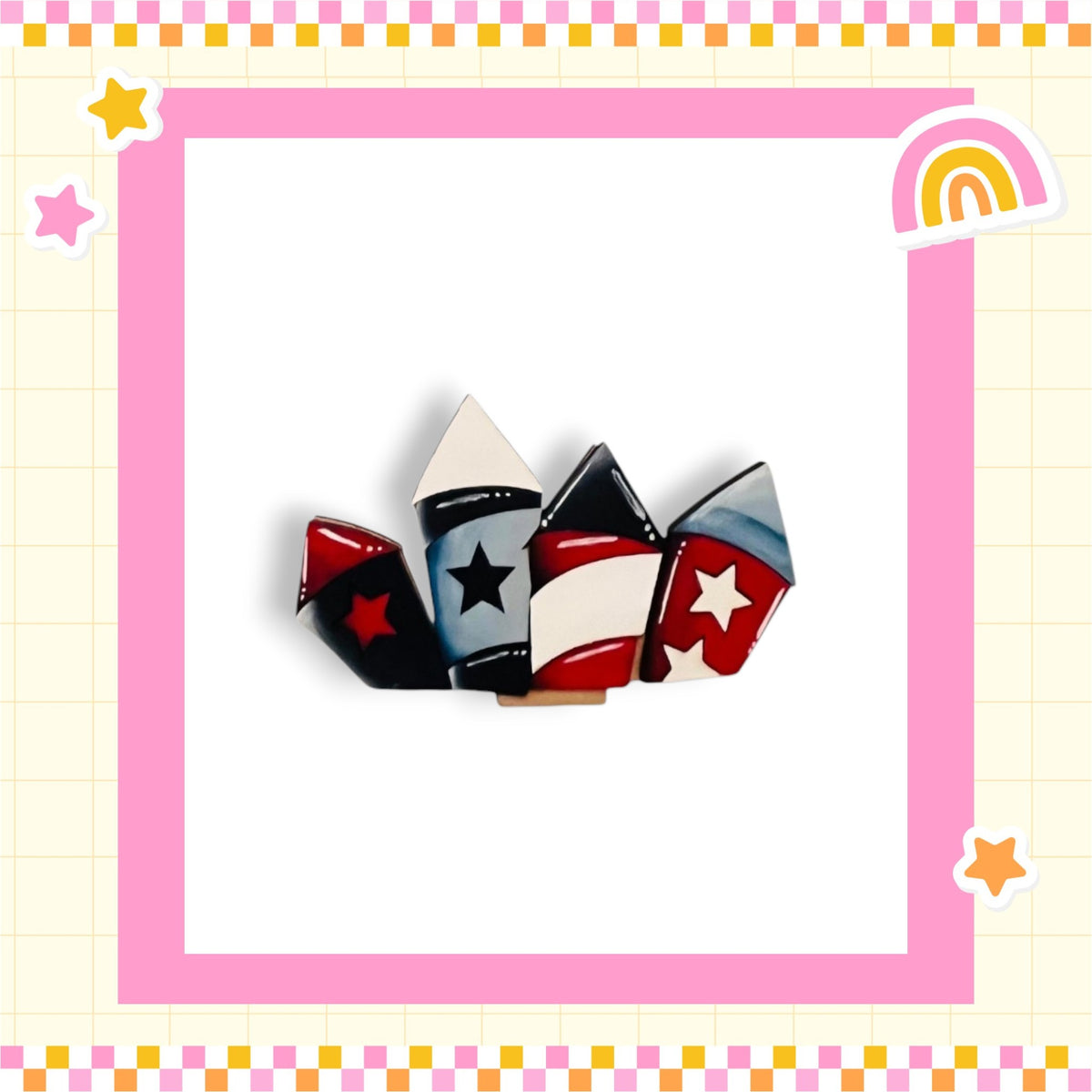 A colorful frame with a pink border surrounds a group of four colorful, star-shaped objects.