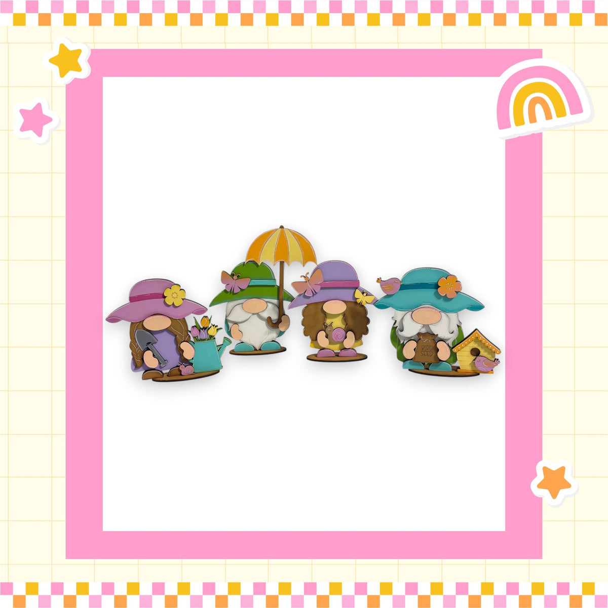 A group of four whimsical gnomes wearing colorful hats and holding umbrellas, set against a pink and yellow checkered background with stars and a rainbow.