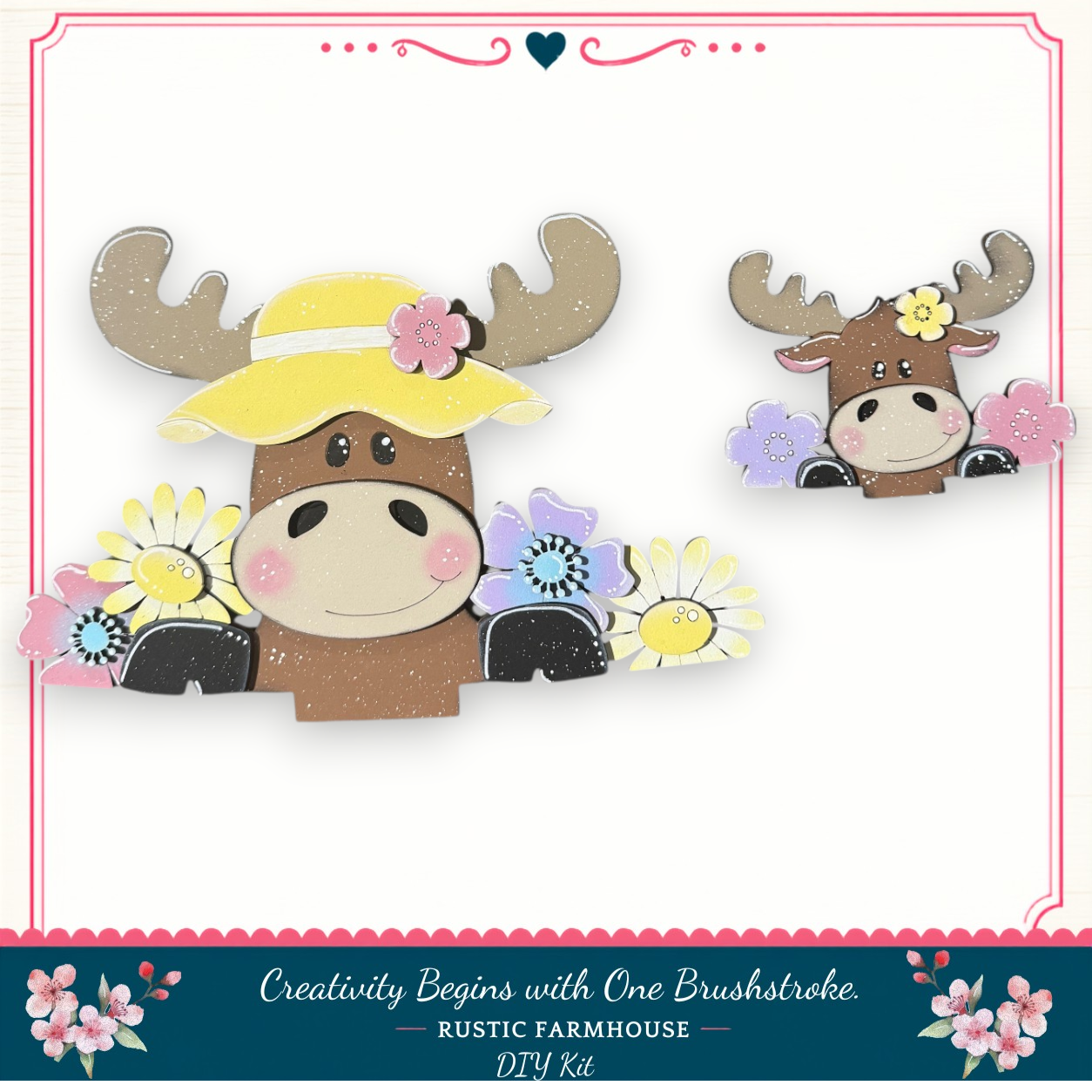 two cartoon moose heads with flower decorations, set against a white background.