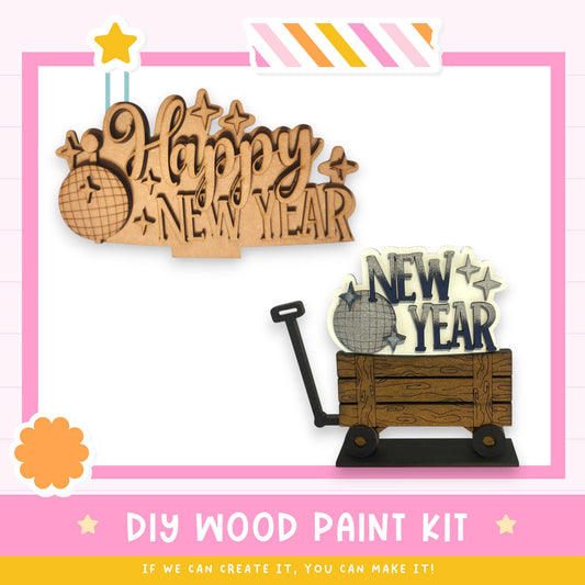 a DIY wood paint kit with a wooden sign and a wooden wagon, both of which are labeled "Happy New Year". The kit appears to be made of wood and is designed for creating custom signs or wagons.