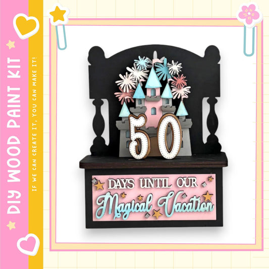 A decorative wooden frame with a castle-like structure and colorful decorations, including a sign that says "50 DAYS UNTIL OUR MAGICAL VACATION".