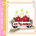 A wooden wagon decorated with poinsettia flowers and three lit candles, with the text "Joy to the World" displayed on the wagon.