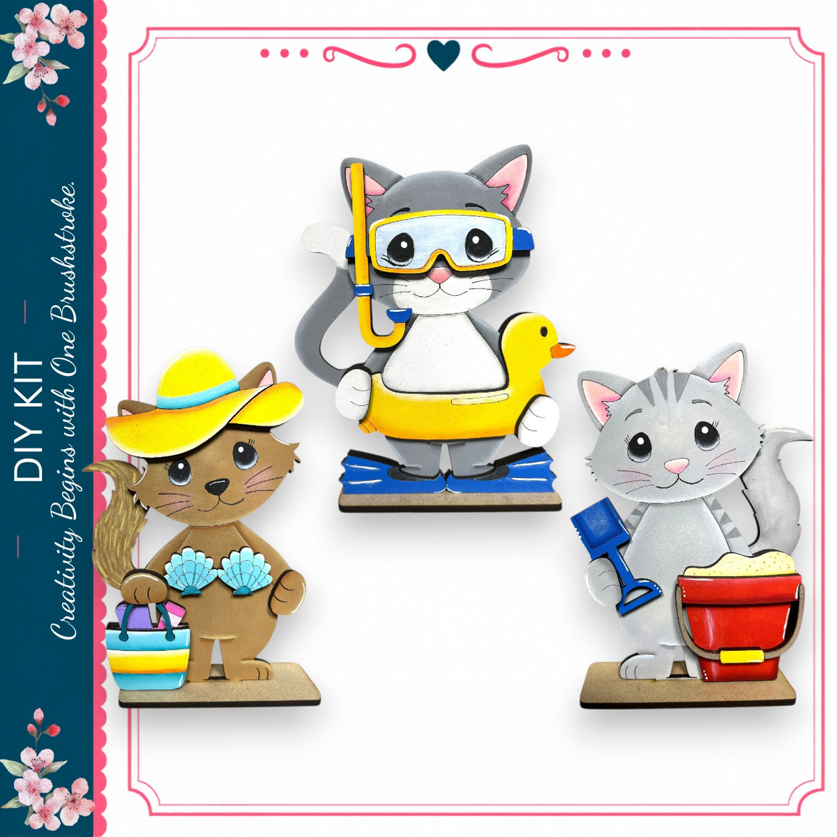 three cute cat figurines, each wearing different accessories and engaging in various activities, such as swimming with a duck, playing in the sand, and holding a bucket.