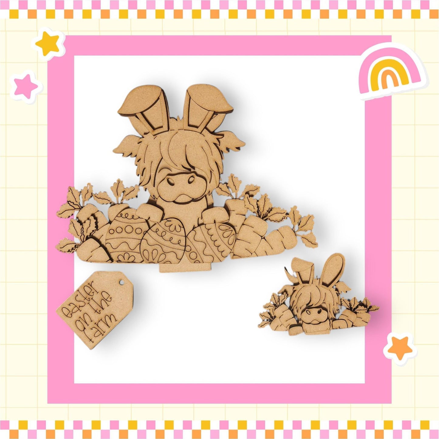 a wooden cutout of a bunny surrounded by hearts