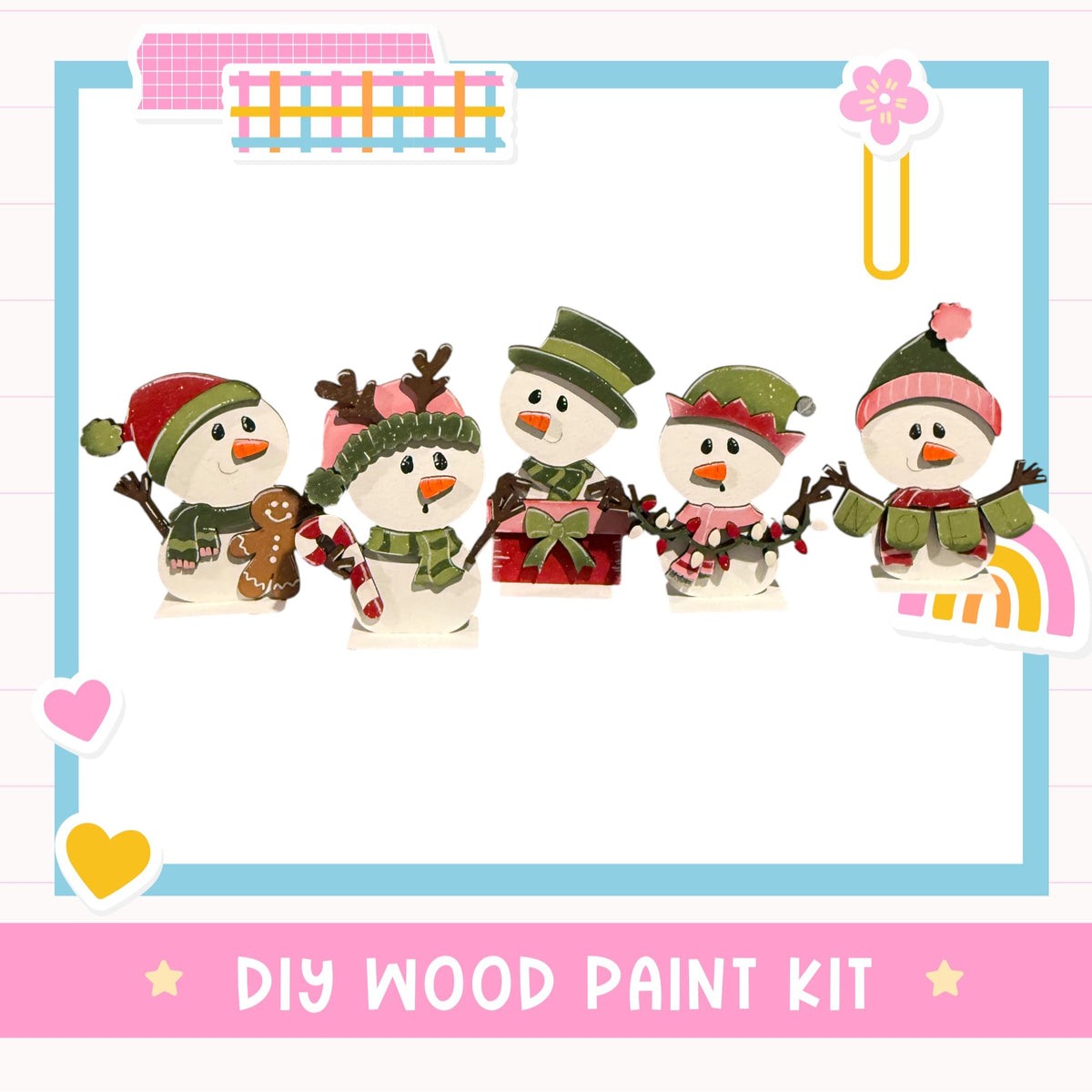 A group of five colorful snowmen, each wearing different winter accessories, are arranged in a row against a white background.