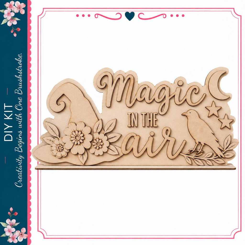 a wooden sign with the text "Magic in the air" carved into it, along with a bird and flowers.
