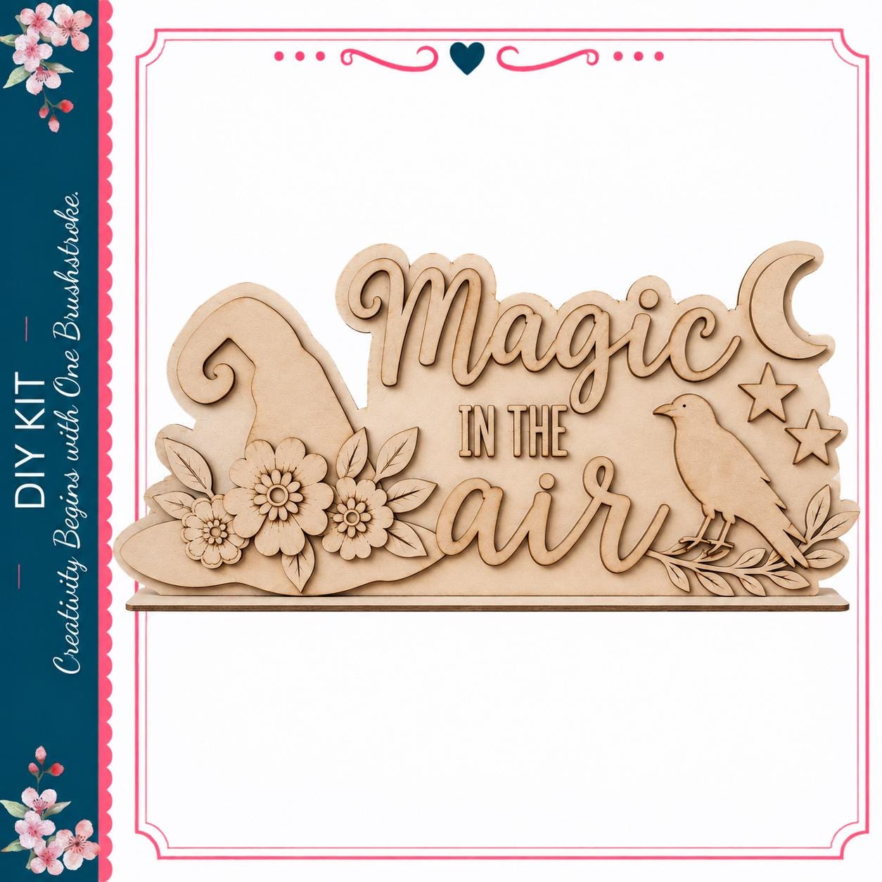 a wooden sign with the text "Magic in the air" carved into it, along with a bird and flowers.