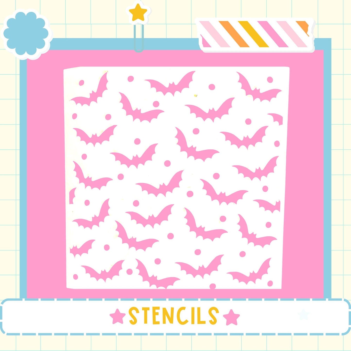 a pink background with a repeating pattern of pink bats and white dots. The word "STENCILS" is written in the bottom right corner of the image.