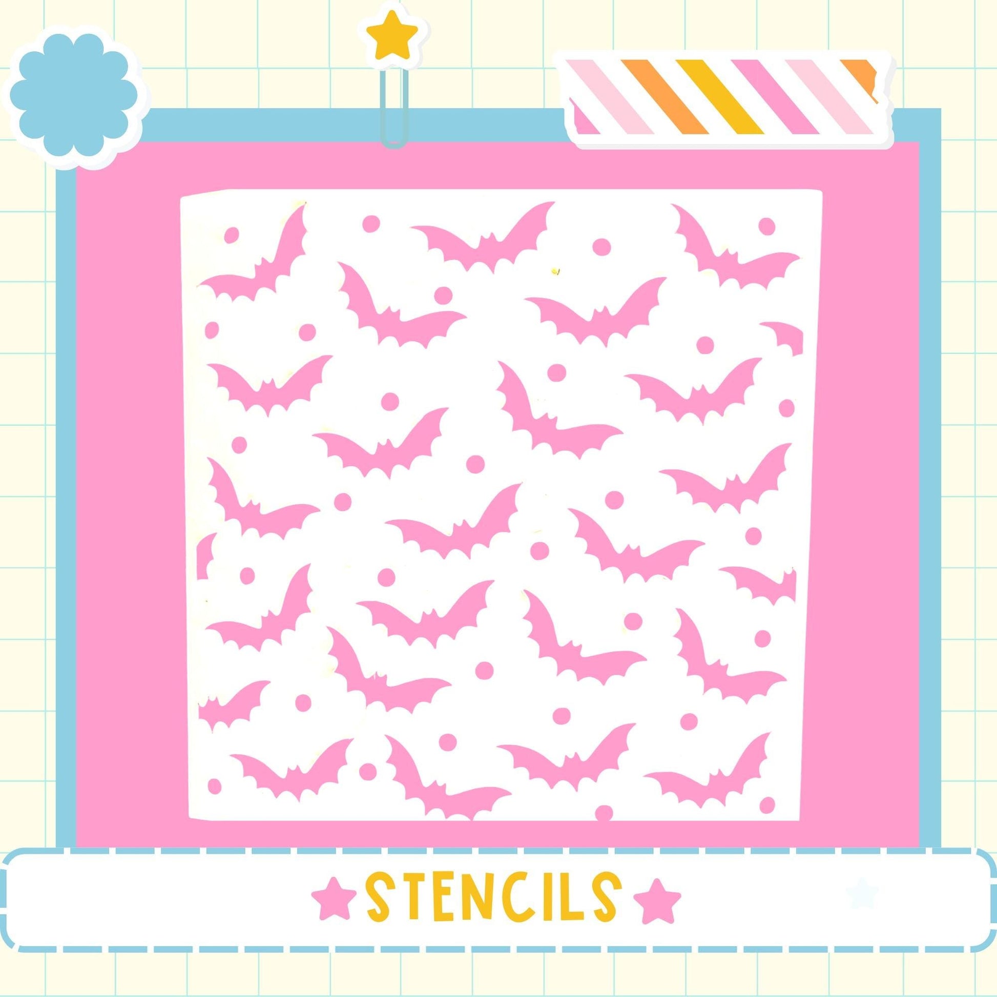 a pink background with a repeating pattern of pink bats and white dots. The word "STENCILS" is written in the bottom right corner of the image.