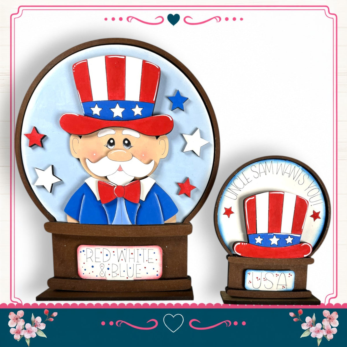 a cartoon character wearing a red, white, and blue hat, with a bowtie, and is surrounded by stars and flowers. The character is sitting inside a glass globe, which is decorated with patriotic symbols. The image also includes a smaller version of the same character and the globe, as well as a sign that reads "Red White & Blue USA".