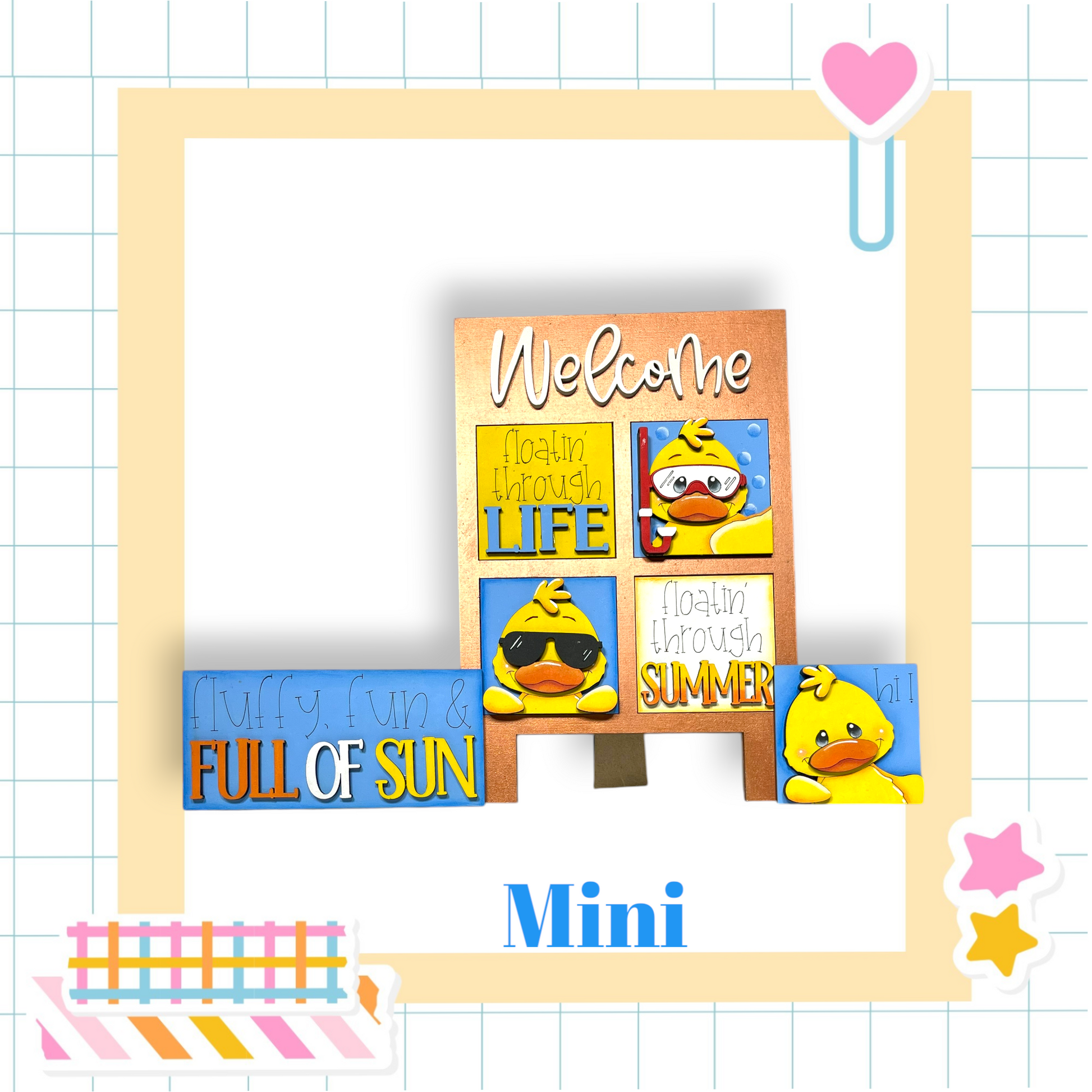 The image is a collage featuring a welcome sign with cartoon duck faces, surrounded by various summer-themed elements such as a heart, a star, and a striped pattern.