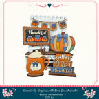 A rustic farmhouse-style DIY kit featuring a Thanksgiving-themed display with a pumpkin, a sign, and a pumpkin-shaped mug.