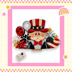 A colorful illustration of Uncle Sam, the iconic figure of the United States, surrounded by various patriotic symbols such as balloons, stars, and fireworks.
