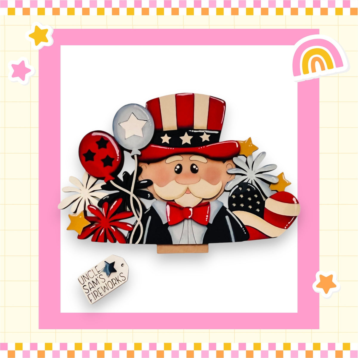 A colorful illustration of Uncle Sam, the iconic figure of the United States, surrounded by various patriotic symbols such as balloons, stars, and fireworks.