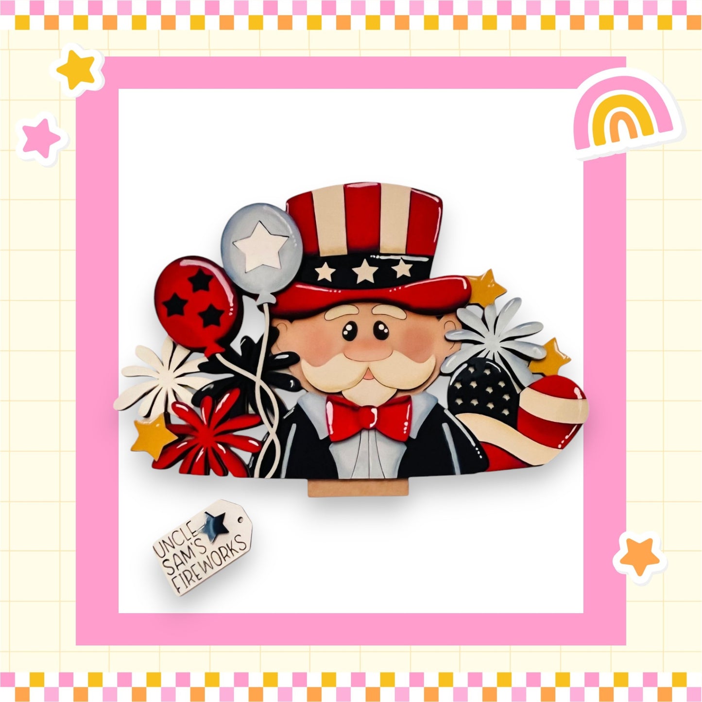 A colorful illustration of Uncle Sam, the iconic figure of the United States, surrounded by various patriotic symbols such as balloons, stars, and fireworks.