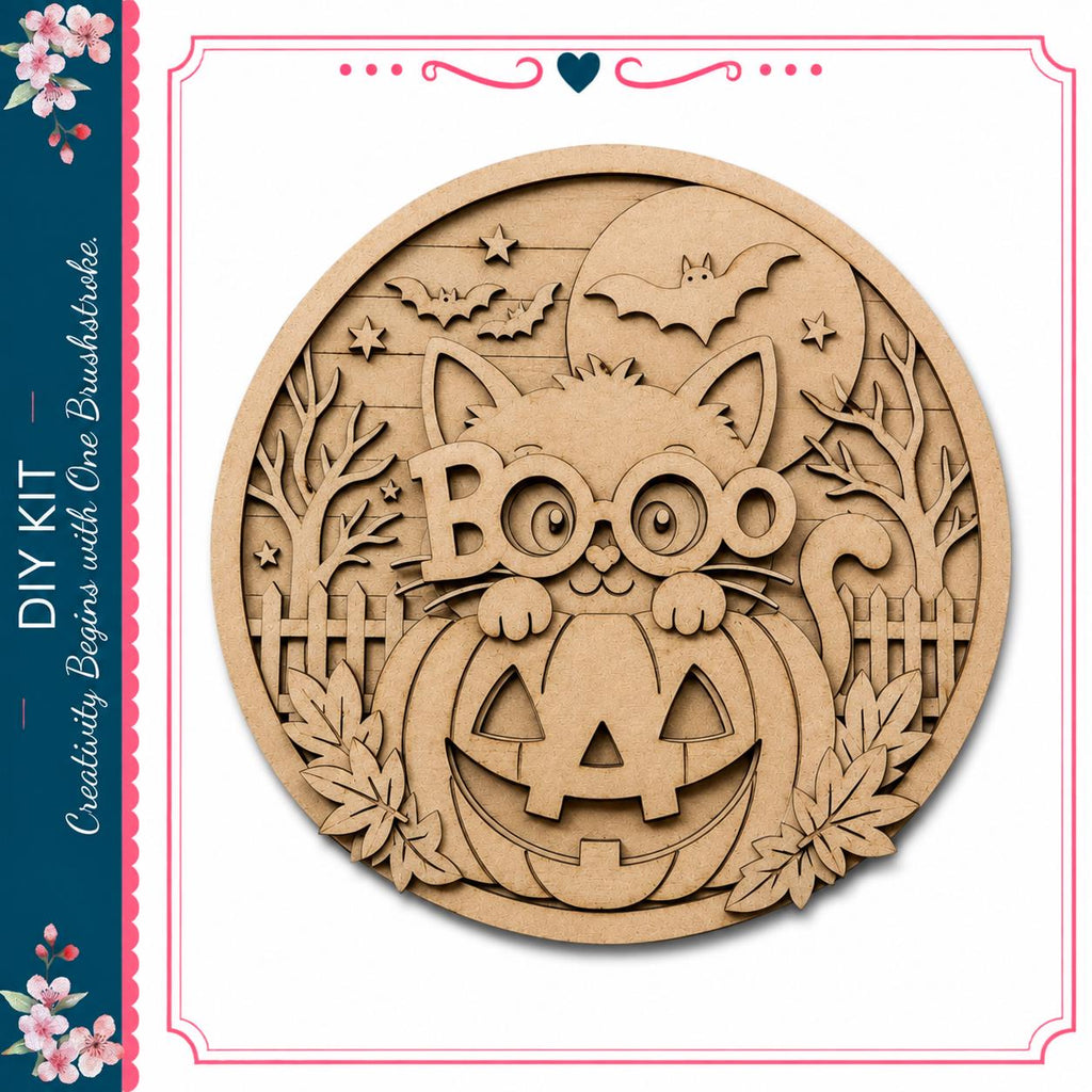 A wooden carving of a cat wearing glasses and holding a carved pumpkin, surrounded by bats, leaves, and a full moon, all set against a Halloween-themed background.