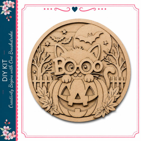 A wooden carving of a cat wearing glasses and holding a carved pumpkin, surrounded by bats, leaves, and a full moon, all set against a Halloween-themed background.