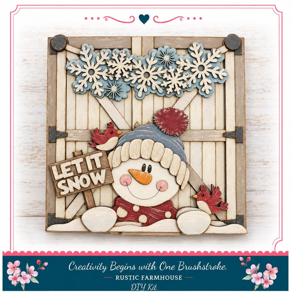 A wooden snowman holding a sign that says "LET IT SNOW" and surrounded by snowflakes and birds, with a rustic farmhouse background.