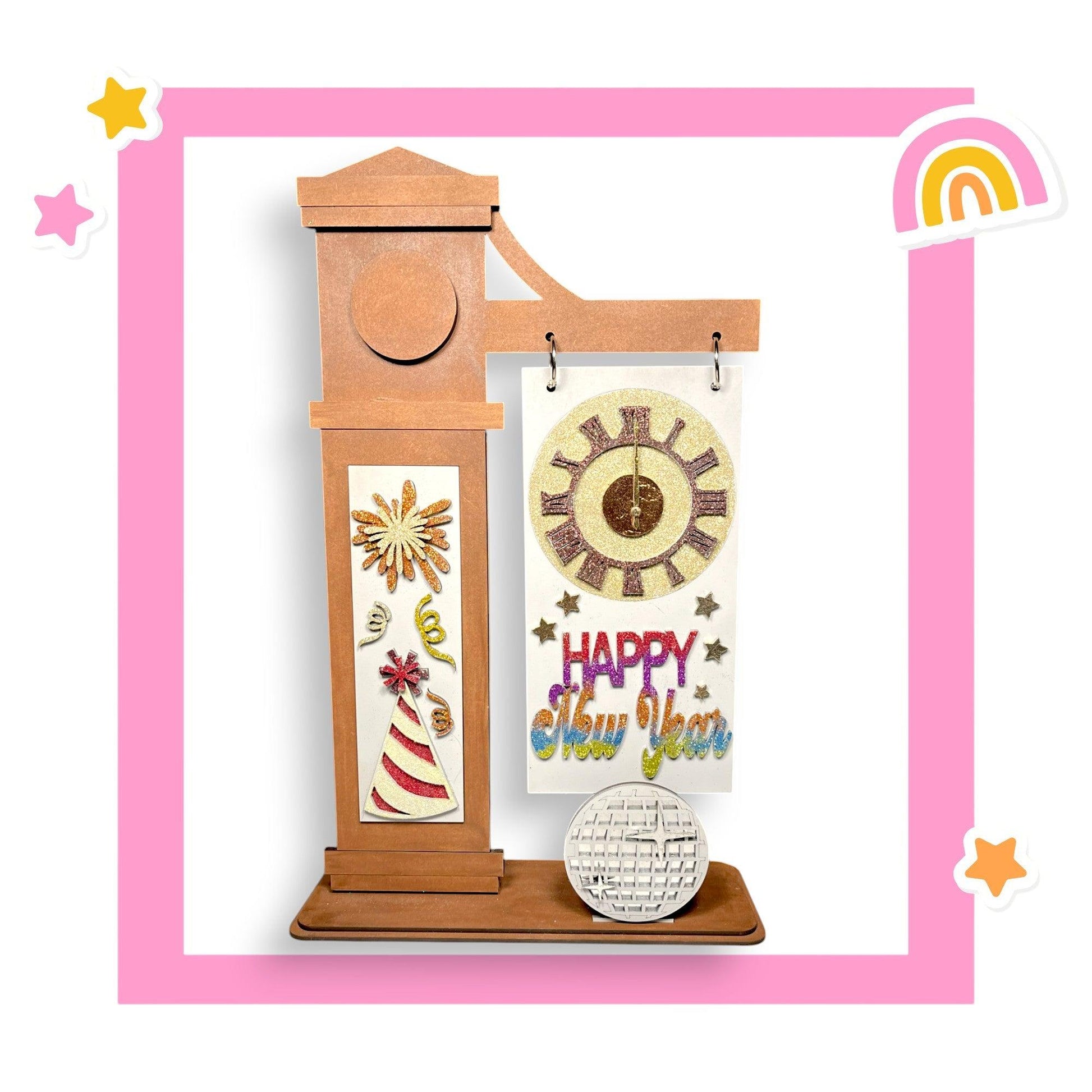 a wooden clock with a happy new year sign on it