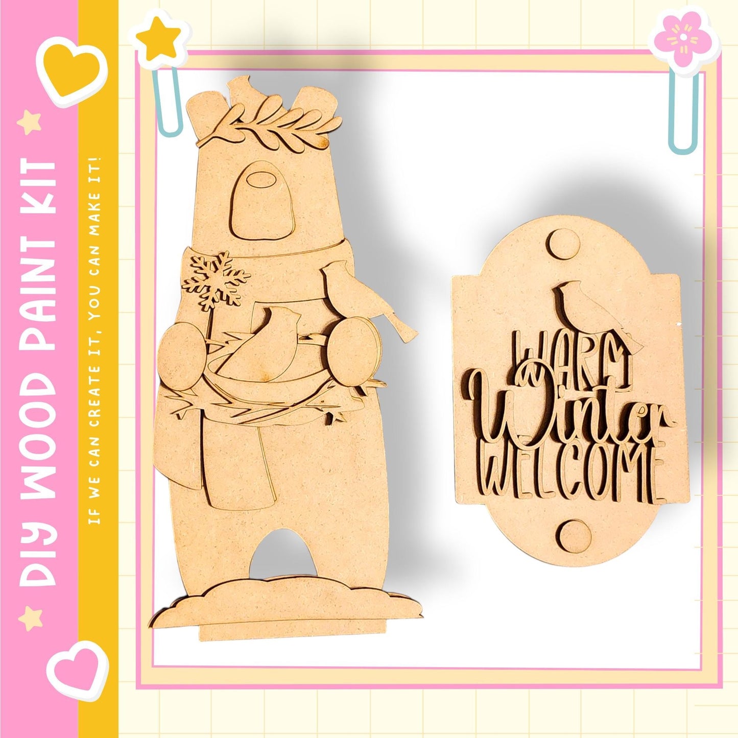 a wooden bear and a wooden sign with the text "Warm Winter Welcome" on it.