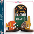 a DIY kit for creating a football-themed display, including a football helmet, a football, and a football-related foam finger.