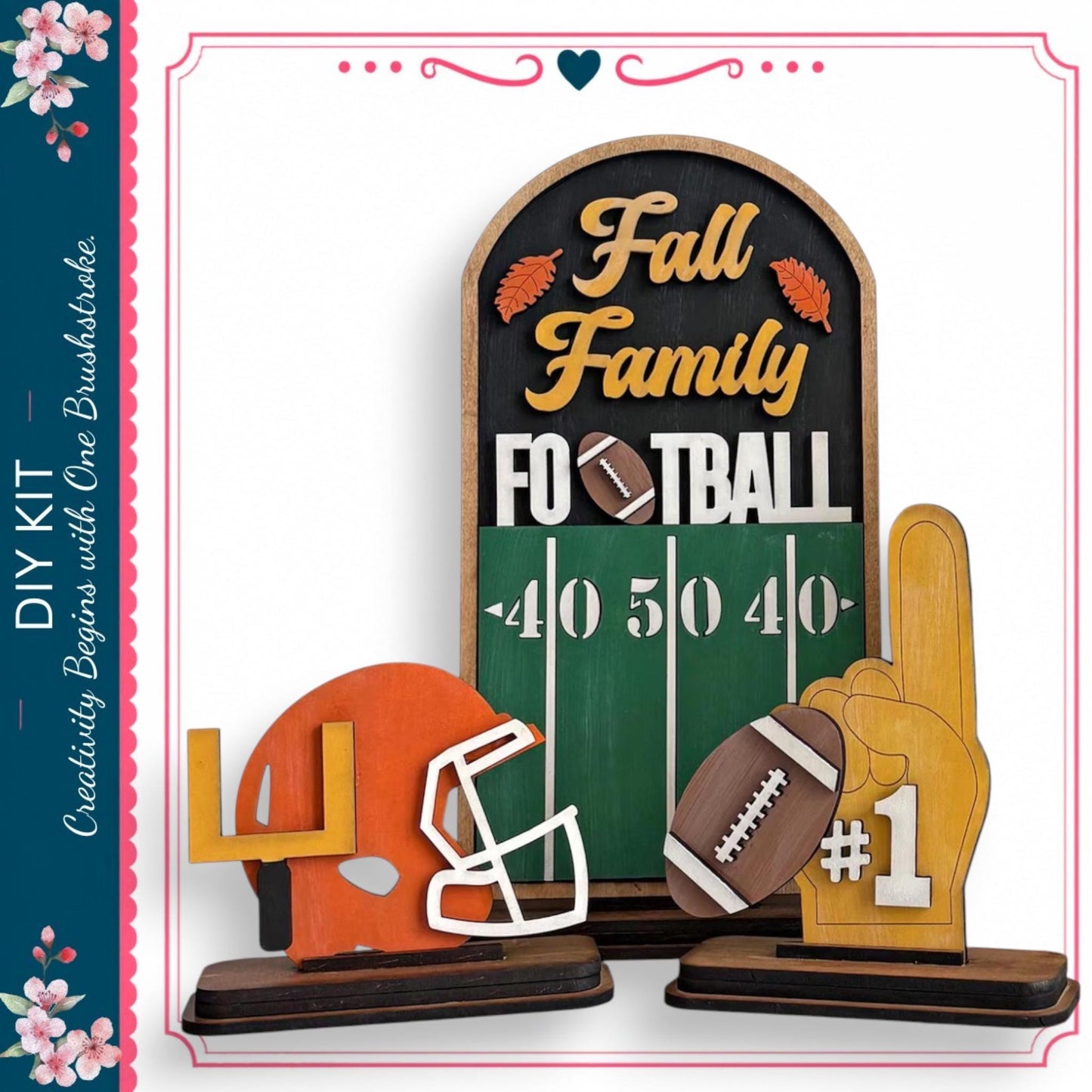 a DIY kit for creating a football-themed display, including a football helmet, a football, and a football-related foam finger.