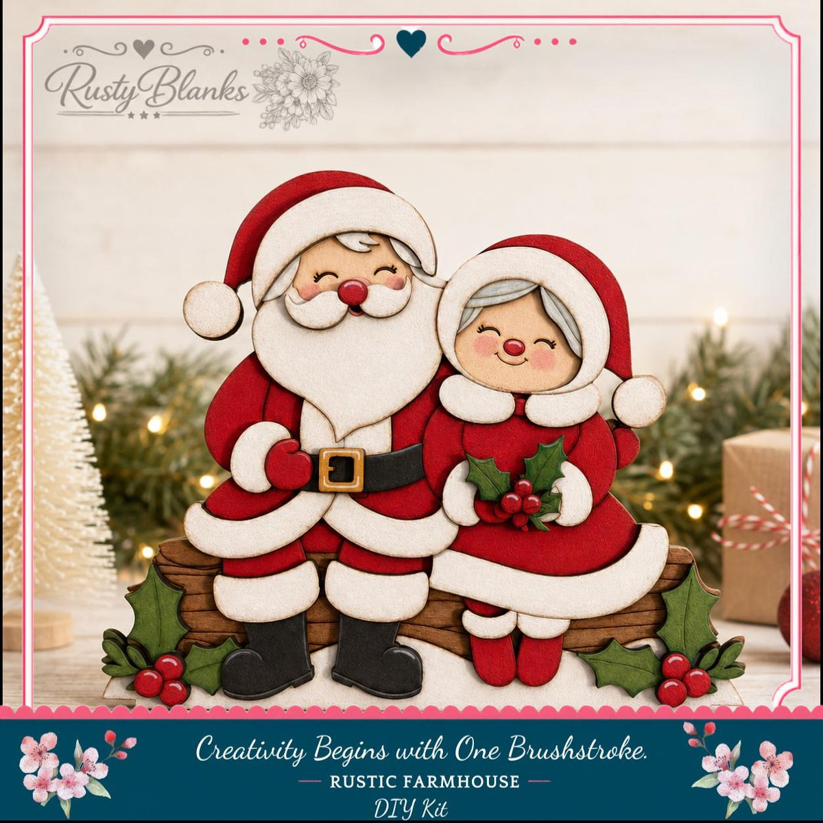 A wooden Santa Claus and his reindeer, decorated with holly leaves and berries, are depicted in a festive setting with Christmas lights and greenery in the background.