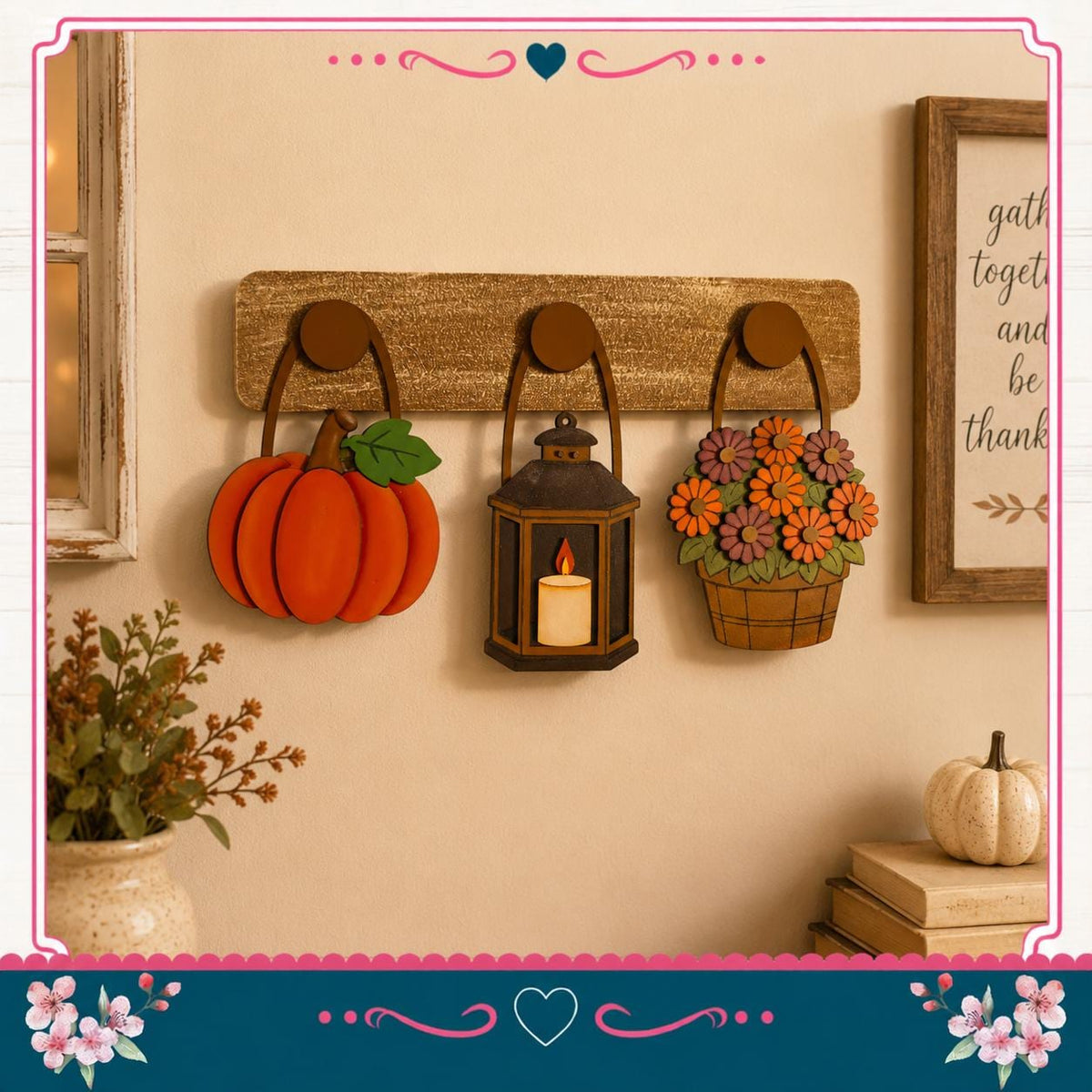 a wall decorated with three wooden wall hangings: a pumpkin, a lantern, and a basket of flowers. The wall is also adorned with a framed quote and a vase of flowers, creating a cozy and festive atmosphere.