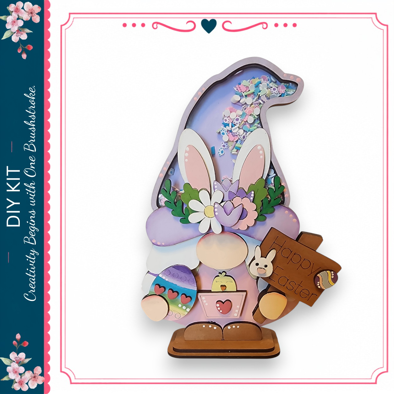 a whimsical Easter-themed gnome decoration, complete with a bunny hat, a sign that says "Happy Easter", and various Easter-related items such as eggs and a cake.