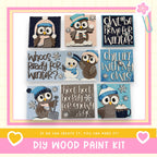 The image is a collage of nine wooden paint kits featuring various winter-themed designs, including owls, snowmen, and other snowy scenes.