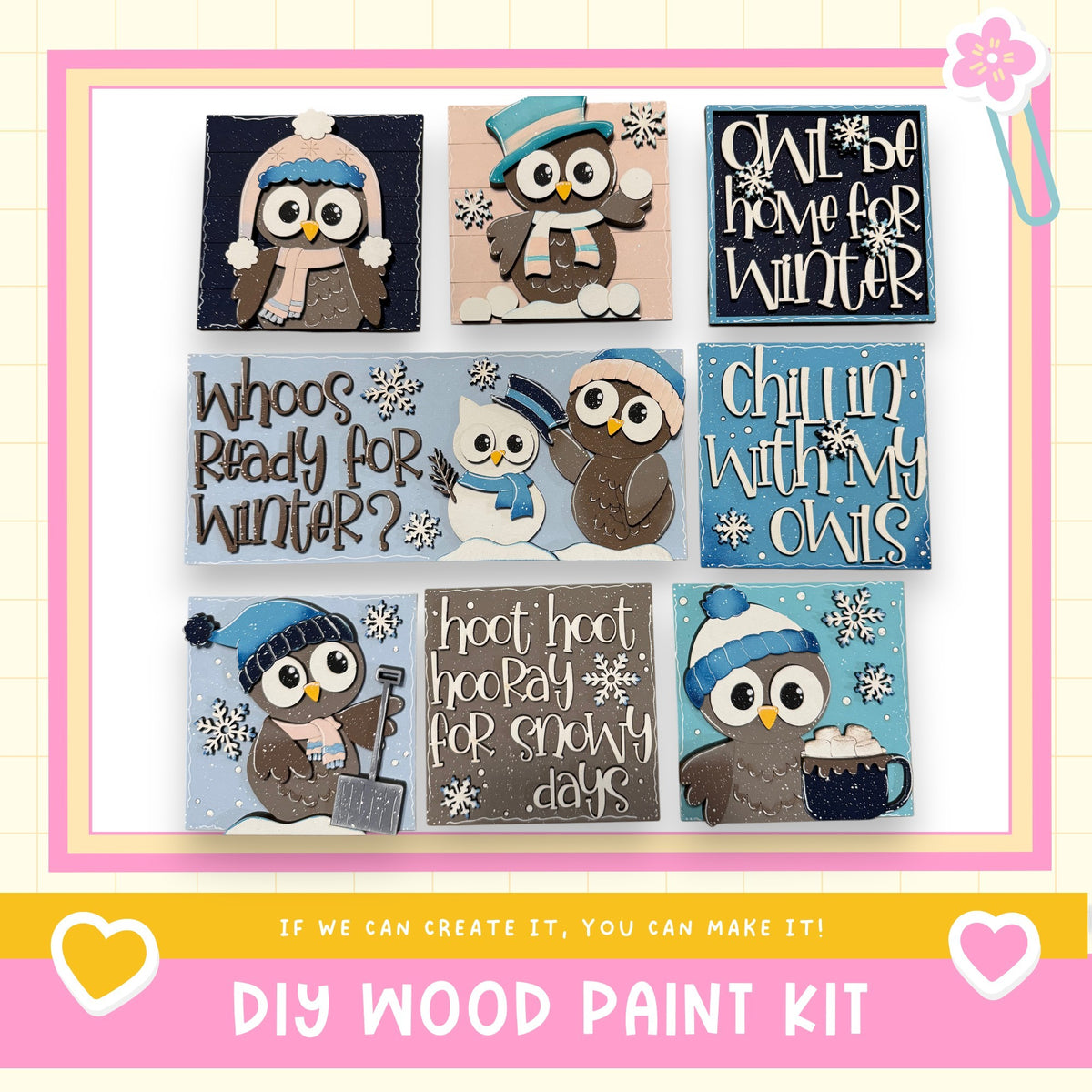 The image is a collage of nine wooden paint kits featuring various winter-themed designs, including owls, snowmen, and other snowy scenes.