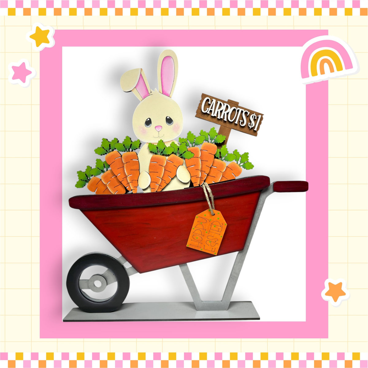 a card with a rabbit in a wheelbarrow filled with carrots